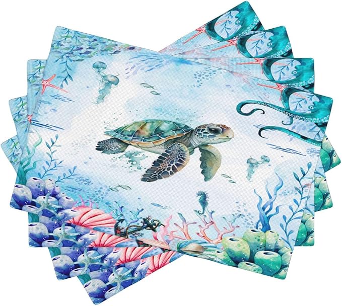 Turtle Ocean Placemats, Cartoon Blue Watercolour Ocean Coral Shell Seahorse Octopus Starfish Animal Print Washable Fabric Placemats Table Kitchen Dining Party 12x18 Inch Set of 4