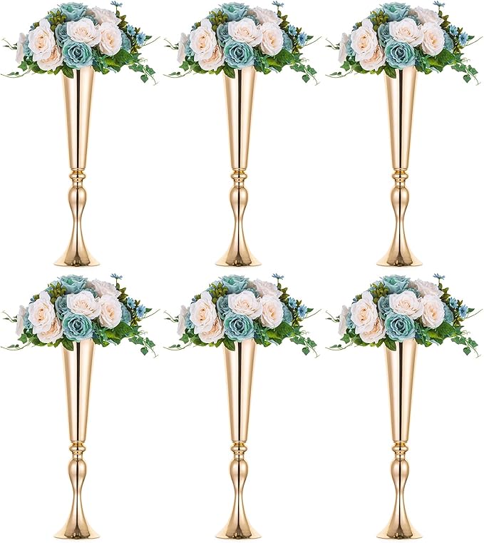 NUPTIO Gold Tall Centerpiece Table: 21.9" Trumpet Vases for Wedding Metal Flower Stand for Party Decorations Set of 6