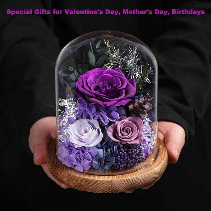 Flowers for Delivery Preserved Rose Gifts for Women,Long-Lasting Real Flowers in Glass Dome, Birthday Gifts for Women Mom Friend(Purple Rose)