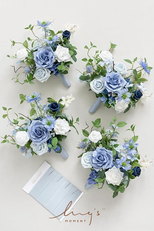 Ling's moment Artificial Flowers Dusty Blue Bridesmaid Bouquet Set of 4, Blue & Ivory Wedding Flowers Bouquets for Bridesmaids, 7 Inch Bridal Bouquets for Bridesmaids, Wedding, etc