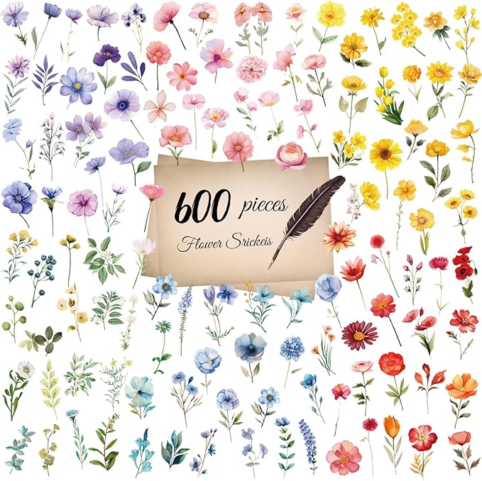 600Pcs Natural Flower Stickers,Self-Adhesive PVC Vintage Flower Stickers for Scrapbook,Laptop,Journal,DIY Project