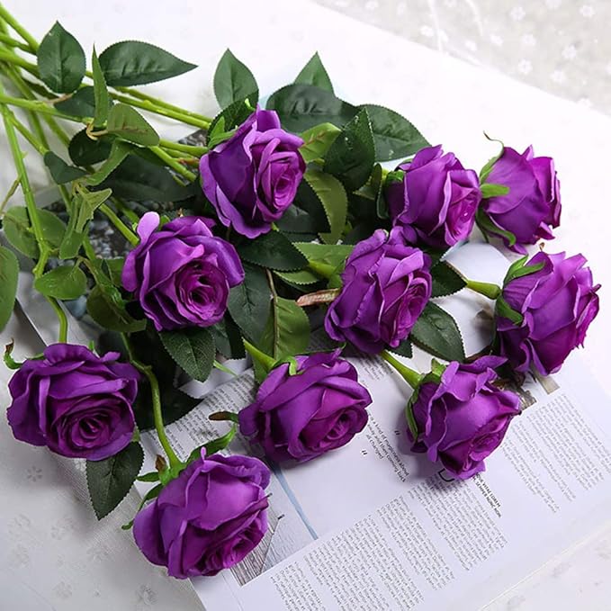 Laelfe 12 pcs Artificial Roses Flowers Long Stem Fake Silk Rose for Home Wendding Decorations (Purple)