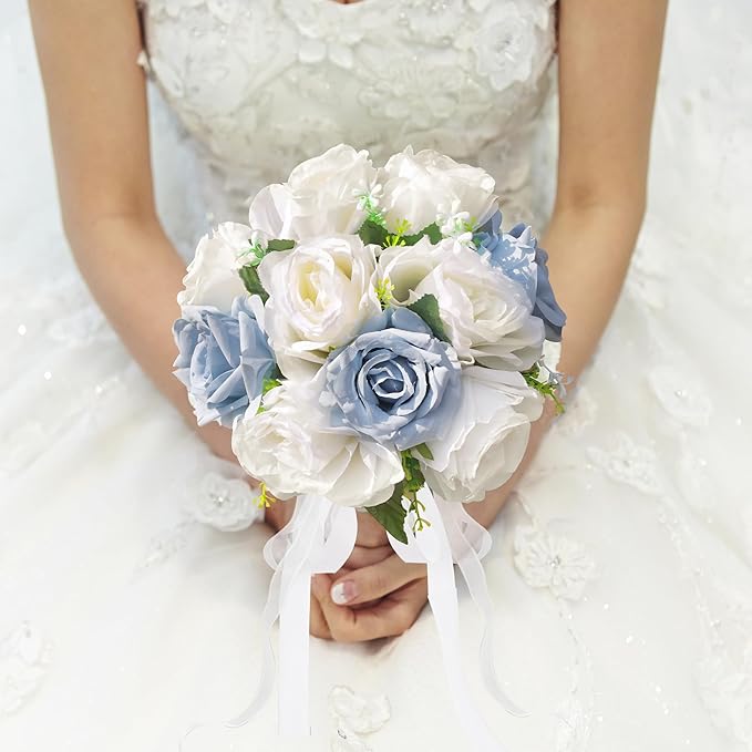 Wedding Bouquets for Bride - Realistic Silk Flowers Artificial Roses, 8 Inch Bridesmaid Bouquet for Ceremony, Church, Anniversary, and Home Decoration (White & Blue)