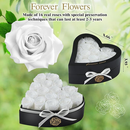 16 Forever Flowers in Heart Shaped Box - Preserved Roses Romantic Gifts for Her, Valentine’s Day, Anniversary, Wedding (White)