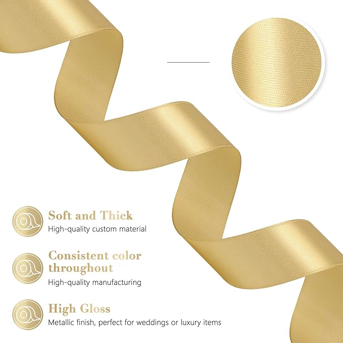 Champagne Gold Ribbon 1 Inch 60 Yards, Gold Satin Ribbon for Flower Bouquet, Graduation Lei, Crafts, Gift Wrapping, Baby Shower, Christmas and Wedding