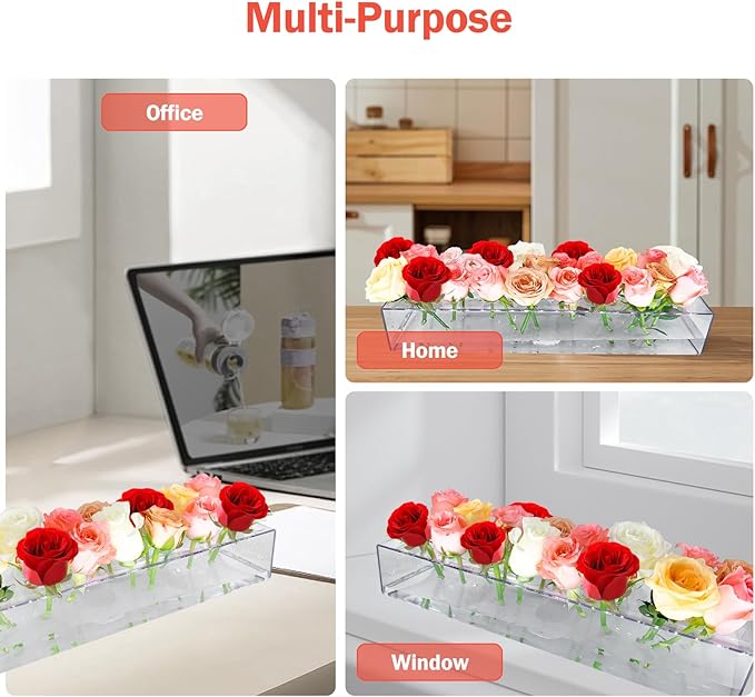 4 Pack Clear Acrylic Flower Vase Centerpiece for Dining Table,63.2 Inch Rectangular Floral Low Vases with 64 Holes for Dining Table Modern Flower Arrangement for Home Decor or Weddings