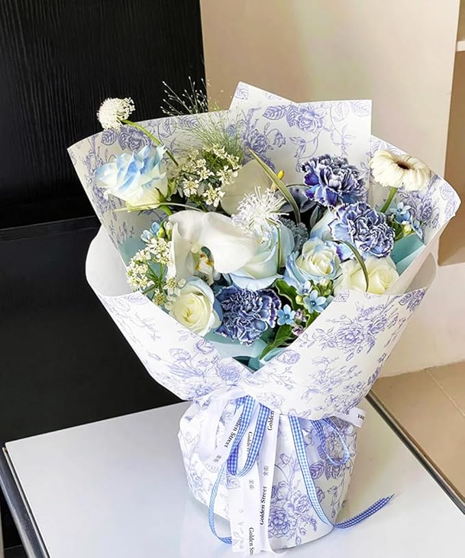 WRAPAHOLIC 20 Sheets Flower Wrapping Paper - 22.4 x 22.4 inch Blue Vintage Floral Printed Water-Resistant Floral Bouquet Wrapping Paper, Florist Supplies Packaging for Wedding Birthday Gift DIY