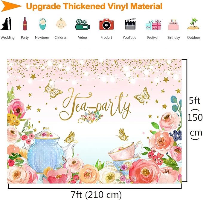 Pink Floral Tea Party Backdrop Glitter Gold Dots Butterfly Lets Partea Photography Background for Women Birthday Bridal Baby Shower Decorations Girls Wonderland Party Banner Photo Booth Supplies 7x5ft