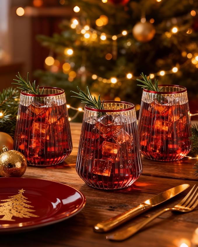 BESTSTAR 36 Pcs 12 oz Plastic Clear Red Rim Ribbed Wine Glasses, Origami Ripple Disposable Champagne Glasses Elegant Whiskey Glasses Ideal for Weddings, Bars, Christmas, Pool Party, Daily Use