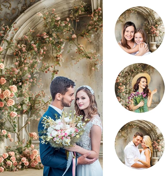 Vintage Wedding Backdrop 7x5ft Pink Rose Flower Boho Floral Retro Arch Wall Rustic Medieval Building Background Photography Bridal Shower Baby Shower Anniversary Birthday Tea Party Decor