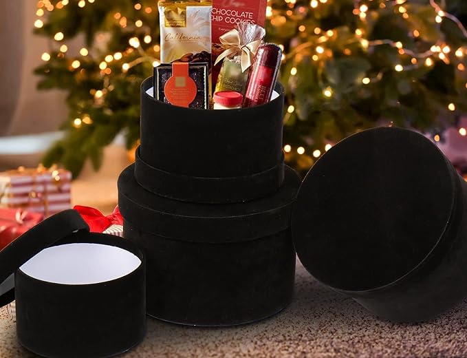 GnFlus Black Gift Boxes with Lids for Presents Set of 4 Round Velvet Nesting Gifts Box for Arrangements Flowers Wedding Birthday Mothers Valentines Day Bridesmaid Christmas Party Anniversary