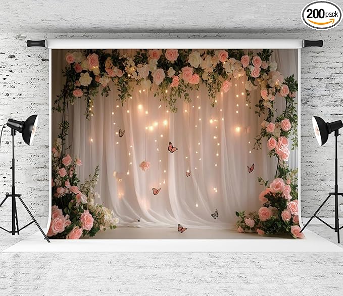 10x6.5ft Pink White Rose Flowers Wedding Backdrop White Curtain Glitter Light Butterfly Decoration Photography Background Children Baby Shower Birthday Party Backdrop for Video Studio Prop