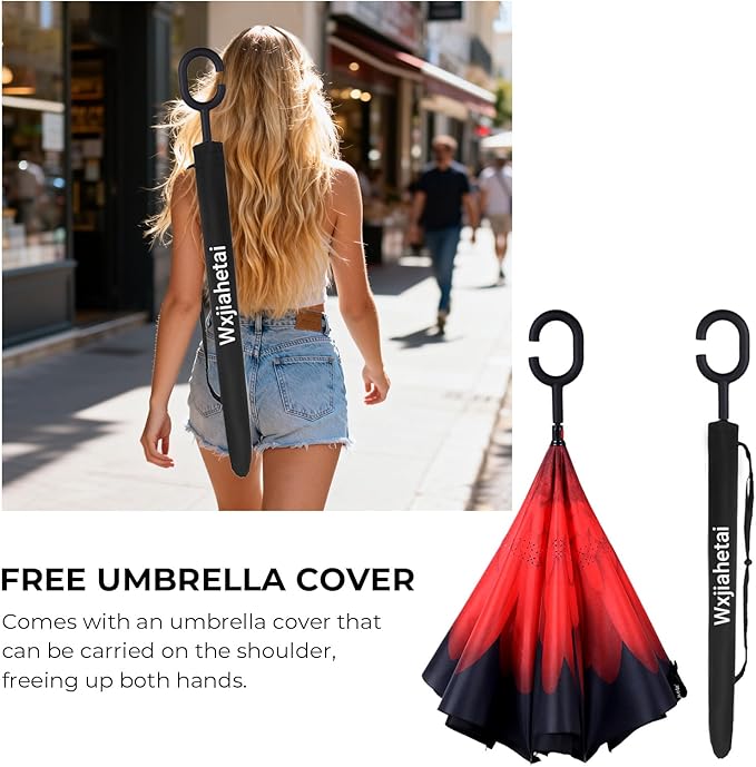 Inverted Umbrella, 49 Inch Double-Layer Vented Reverse Umbrella, Windproof Waterproof UV Protection, Lightweight C-Handle, Fiberglass Ribs, Steel Shaft, Travel/Commute/Car Use, With Sleeve