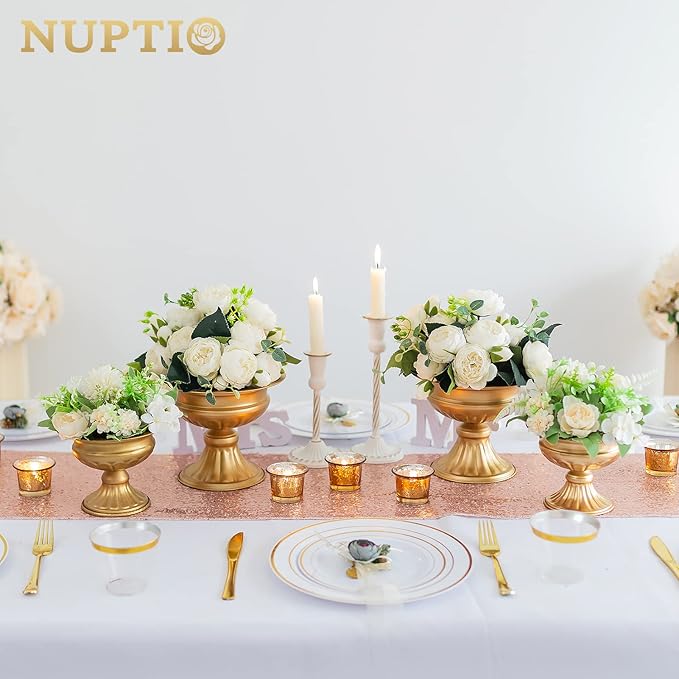 Nuptio Gold Vases for Centerpieces - 10 Pcs, 6.5in Height Metal Urn Planter Elegant Wedding Centerpieces for Tables - Trumpet Vase for Weddings and Party Decoration
