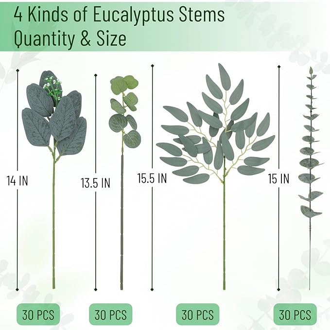 120 Pcs Artificial Eucalyptus Stems, 4 Kinds Mixed Faux Greenery Stems Fake Silver Dollar Eucalyptus Leaves Bundle for DIY Bouquets Centerpiece Spring Floral Arrangement Wreath Home Wedding Decor