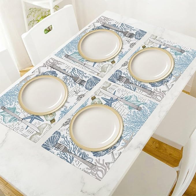 Nautical Placemats Set of 4,Summer Starfish Beach Theme Ocean Seashell,Blue Coastal Linen Fabric Table Mats for Home Kitchen Dining Party Decor 6 PCS