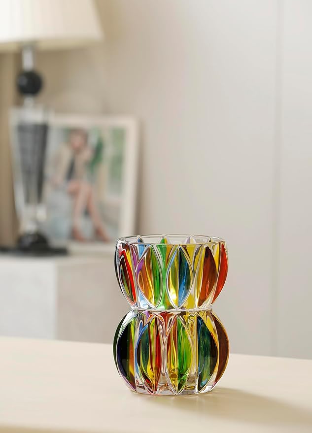 Hand Painted Colorful Crystal Glass Vase 6.9 inch Tall.