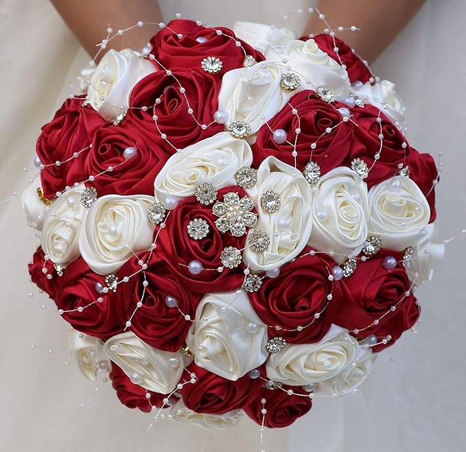 Bridal Wedding Bouquet Round Bling Brooch Bouquet Throw Toss Artificial Rose Flower Bunch for Bride Bridesmaid Wedding Quinceanera(Ruby Red & Ivory, 9.8")