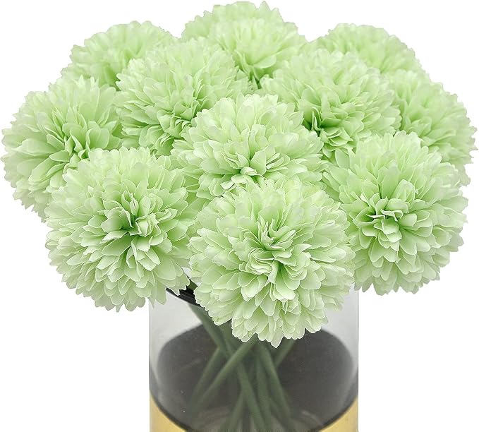 10Pcs Artificial Fake Flower Plants Silk Chrysanthemum Ball Hydrangea Arrangements Wedding Bouquets Decor Home Kitchen Garden Party Table Floral Centerpieces DIY (Mint Green)