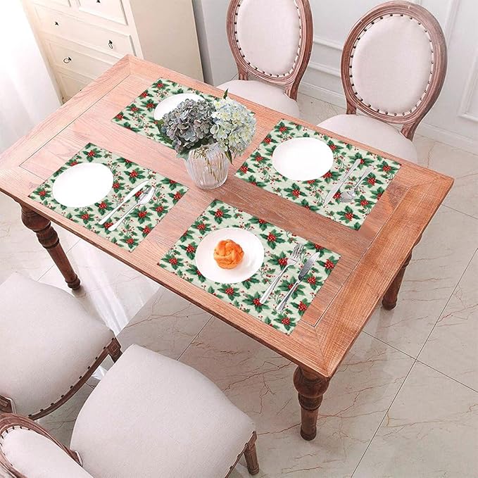 PVC Placemats Set of 1 Wipeable Table Mats Washable Heat Resistant Non Slip Vinyl Dining Table Mat for Kitchen Indoor Outdoor Patio Farmhouse Place Mats Christmas Red Berry Decorative