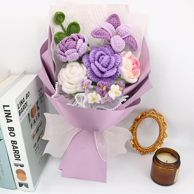 Crochet Flowers,Finished Bouquet Crocheted Cotton Thread Flowers, Handmade Crochet Rose Tulip Fern Leaf as a Gift for Lover, Friends. Artificial Flower (Purple)