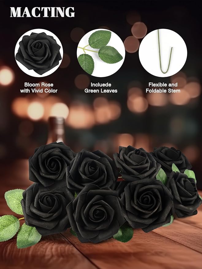 MACTING Artificial Black Rose Flowers 30PCS Real Touch Fake Flowers with Stem Foam Roses for DIY Wedding Bouquet Gifts Table Centerpieces Party Bridal Shower Home Spring Decorations