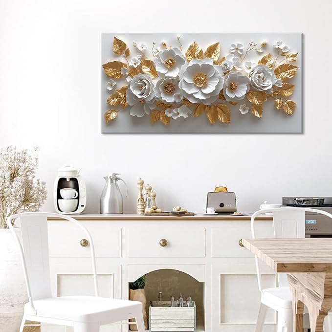 IDAFU Flower Wall Art White Foral and Golden Leaves Wall-décor White Wall Art Floral Painting Pictures for Living Room Bathroom Bedroom Kitchen Office Cuadros Decorativos Para Sala Decor 46L x 23W