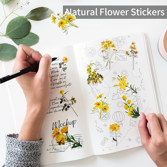 Transparent Flower Stickers for Scrapbooking PET Nature Plant Stickers Floral Stickers Vintage Craft Sticker Colorful Small Flower Sticker for Journaling Scrapbooking Clear Flower Decals(Style F)