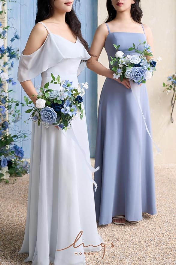 Ling's moment Artificial Flowers Dusty Blue Bridesmaid Bouquet Set of 4, Blue & Ivory Wedding Flowers Bouquets for Bridesmaids, 7 Inch Bridal Bouquets for Bridesmaids, Wedding, etc