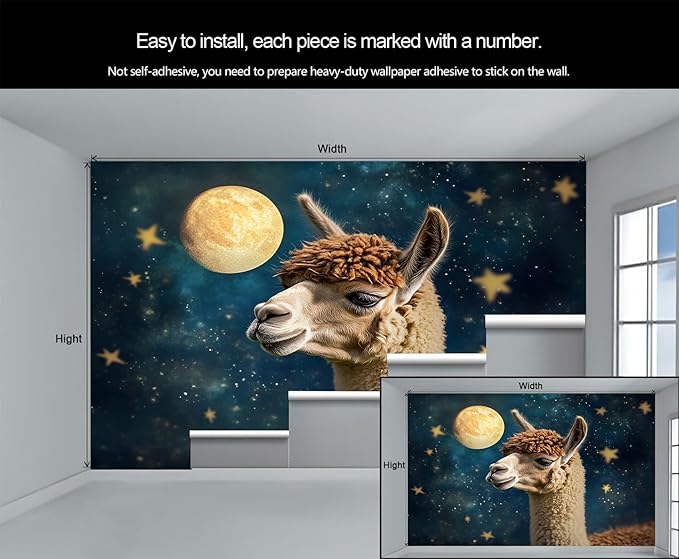 Starry Sky Alpaca Wall Mural, Dreamy Galaxy Moon Alpaca 3D Wall Murals, Cute Animal Wallpaper Mural, for Living Room Bedroom Large Wallpaper Indoor Decor 59" W x39.4 H