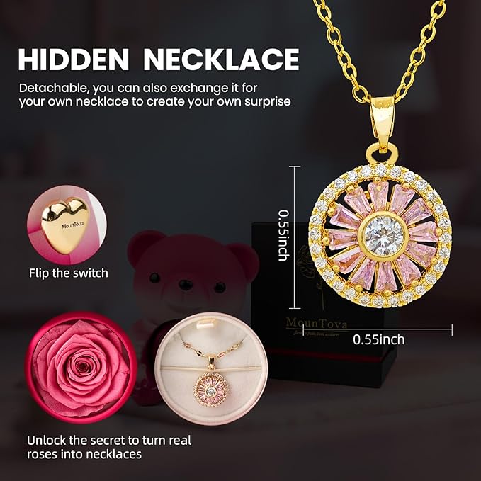 Cute Teddy Bear with Preserved Rose and Necklace, Elegant Bear Roses Gifts with Hidden Jewelry Box for Women, Girlfriend, Wife, Sister, Valentines Day Gift, Forever Eternal Rose Flower Decor