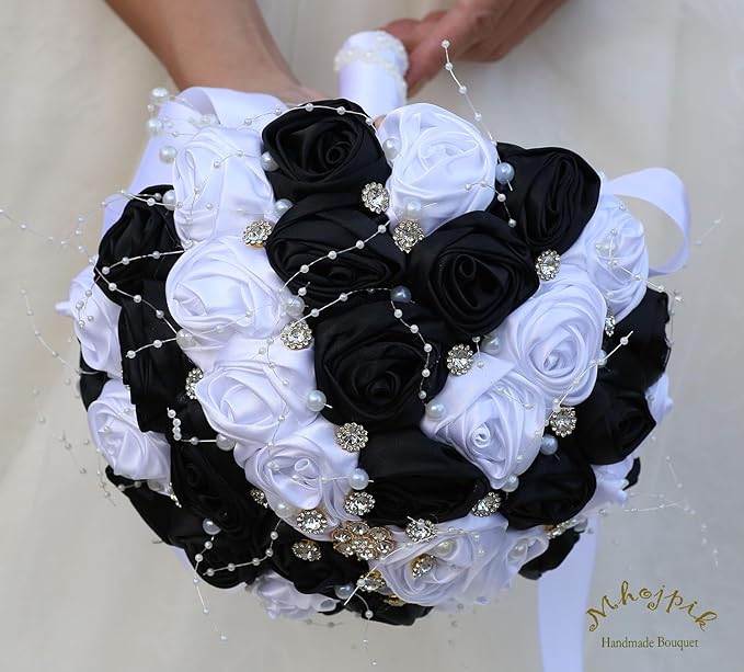 Bridal Wedding Bouquet Round Bling Brooch Bouquet Throw Toss Artificial Rose Flower Bunch for Bride Bridesmaid Wedding Quinceanera(White & Black, 8.7")