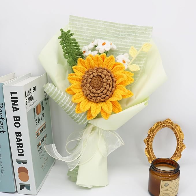 Crochet Flowers Finished Bouquet Crocheted Cotton Thread Flowers, Handmade Crochet Rose Tulip Fern Leaf as a Gift for Lover, Friends. Artificial Flower (Yellow)