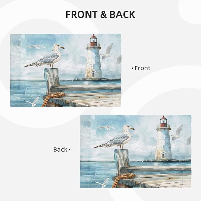 Lighthouse Seagull Placemats Set of 6 Washable Table Mats Ocean Nautical Coastal Heat-Resistant Cotton Linen Place Mats for Dining Table Kitchen Indoor Outdoor Party Holiday Decor