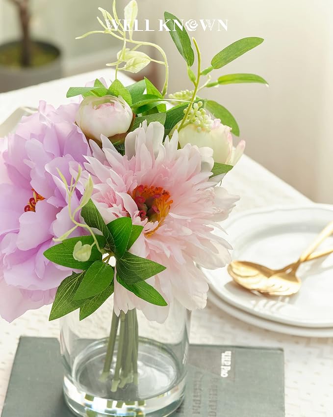 WELL KNOWN Silk Peony Artificial Flowers with Vase，Silk Fake Flower Bouquets in Vase with Fake Water Flower Arrangements for Table Centerpieces Home Office Hotel Wedding Party Decor & Gift (Purple)