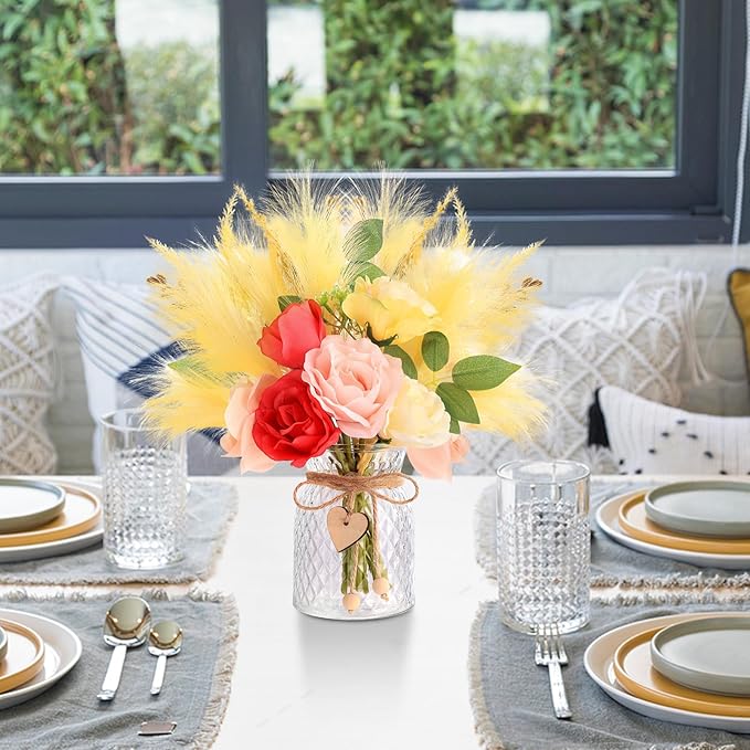 Artificial Flowers with Vase Centerpiece Table Decorations for Dining Room Farmhouse Living Room Table Centerpieces Decor Fake Silk Rose Bouquet in Glass Vase for Centerpiece Home Coffee Table Decor