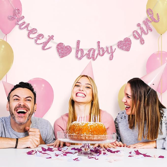 BEISHIDA Pink Glitter Girl Baby Banner,NO DIY, Pre-Strung Baby Gender Party Banner For Girls, Girls Shower Decorations,First Birthday Sweet party supplies
