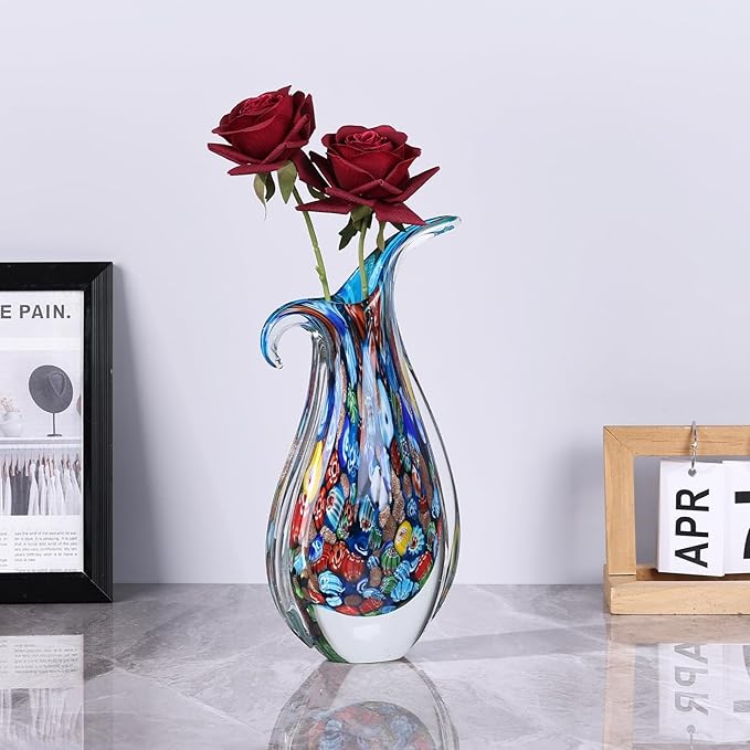 Hand Blown Glass Vase for Centerpiece, Murano Style Table Decoration, Blue Blown Art Glass Ellipse Flower Vase, Single Stem Beautiful Decor for Home, Beachy Room Decor for Home Shelf