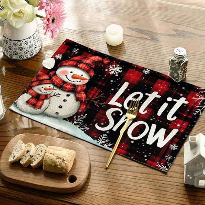 Christmas Snowman Placemats Set of 4 Let It Snow Table Mats Linen Place Mats for Dining Kitchen Country Camp Farmhouse Decor 12x18 Inch
