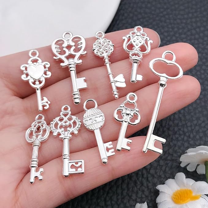 WOCRAFT 60pcs Bright Silver Small Key Charms Bracelet Charms for Jewelry Making Sets DIY Necklace Bracelet Keychain Crafting Charms Kit Craft Supplies (SN926)