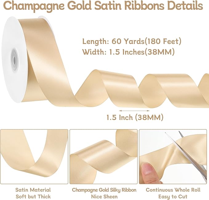 Champagne Gold Ribbon 1 1/2 Inch 60 Yards Wide Christmas Satin Ribbons Gold Bows for Gift Wrapping Flower Bouquet Birthday Christmas Decorations