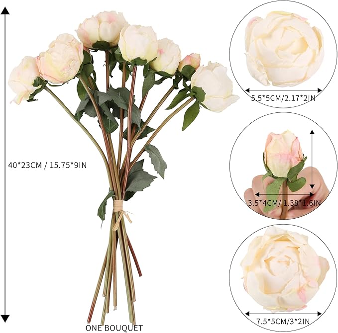2 Bouquets Peonies Artificial Flowers, Vintage Peonies 18pcs White Fake Flowers for Home Decoration Wedding Decoration Bride Bouquet Silk Peonies for Flowers Crafts Floral Arrangement (White)