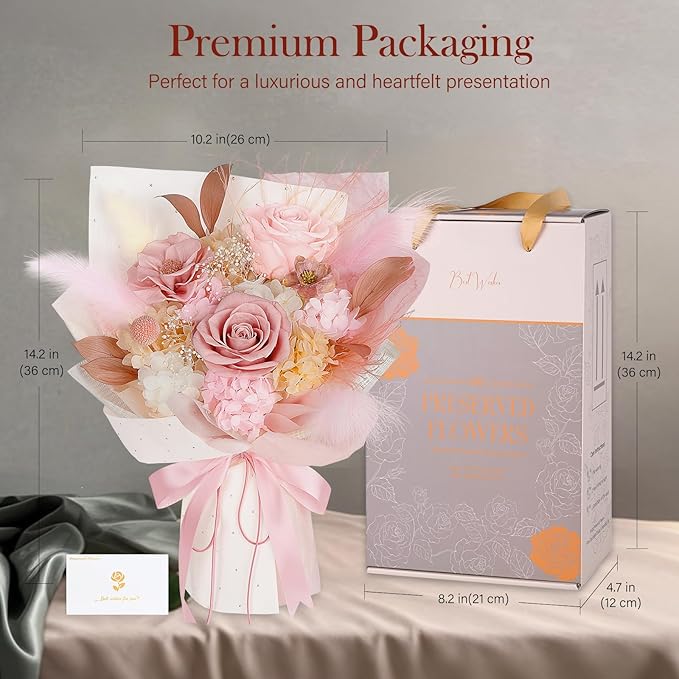 Preserved Bouquet of Flowers - Real Roses & Flowers for Delivery, Long-Lasting Dusty Pink Forever Camellia Flowers, Eternal Roses Bouquet for Mothers, Mom, Wife Anniversary Birthday Gifts for Women