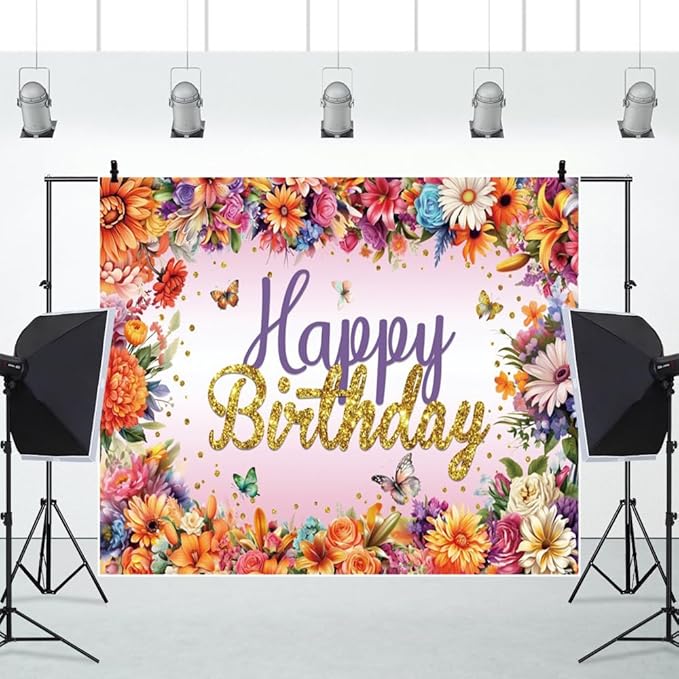 Colorful Flowers and Butterflies Birthday Backdrop, 10x8ft, Polyester Fabric, Deal for Photo Shoots, Celebrations, and Decor, Perfect for Birthday Party Decoration and Event Photography