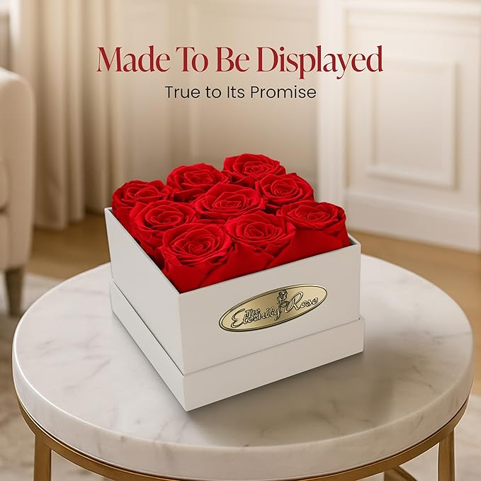 The Eternity Rose 9-Piece Preserved Roses in a Luxury Gift Box – Real Roses in Square White Box – A Valentine’s Gift as Everlasting as Your Love