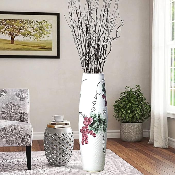 Tall White Floor Vase 32 inches, Thick Ceramic Rustic Vases Large for Home Decor Living Room, Painting Geen Grape Decorative Vases Wide Mouth Opening Corner Vase for Pampas Grass