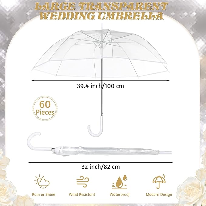 Aodaer Clear Wedding Umbrella with Foldable Storage Box Transparent Auto Open Stick Umbrellas Windproof Large Canopy Umbrella with J Hook Handle for Outdoor Activities, Wedding Photography