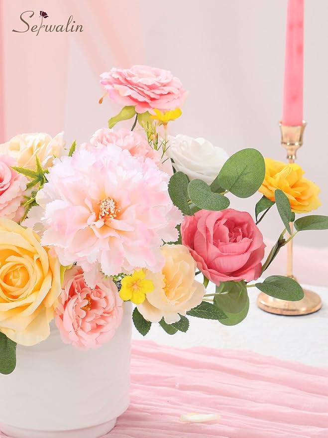Serwalin Pink Artificial Flowers, Yellow Silk Fake Flowers for DIY Wedding Bridal Bouquets, Wedding Cake Flowers for Table Centerpieces Baby Shower Birthday Party Home Decorations