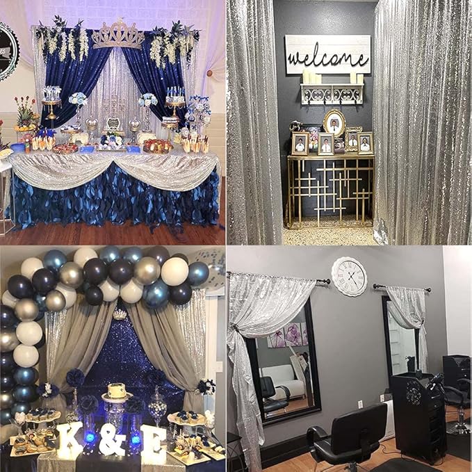 Silver Sequin Backdrop 2FTx8FT 4 Panels Silver Backdrop Curtains for Parties Glitter Backdrop Photo Background for Wedding Baby Shower