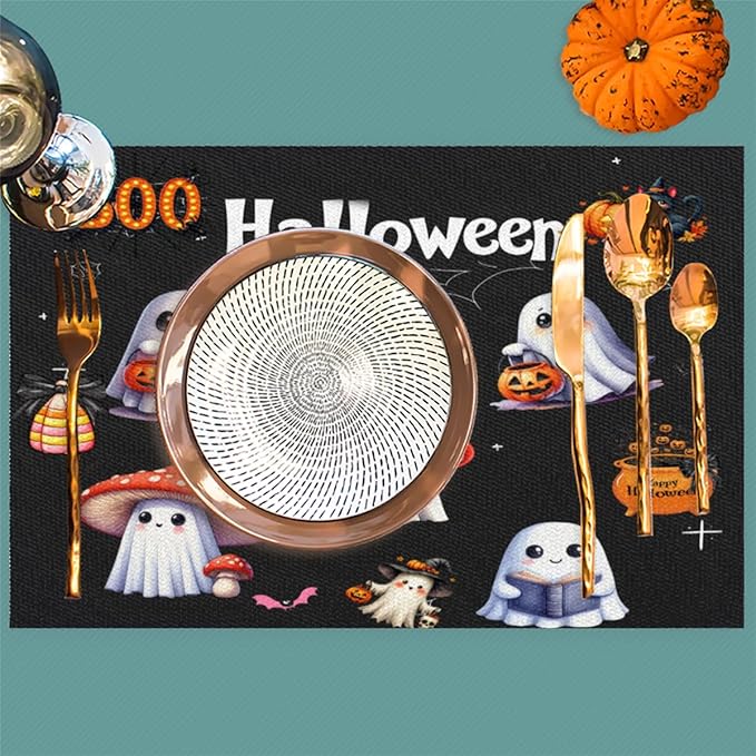 Halloween Ghosts Pumpkin Cute Placemats Set of 1 PVC Vinyl Non Slip Table Mats Heat Resistant Place Mats Washable Wipeable Dining Table Mat for Kitchen Decor Party Indoor Outdoor Decorative Gift